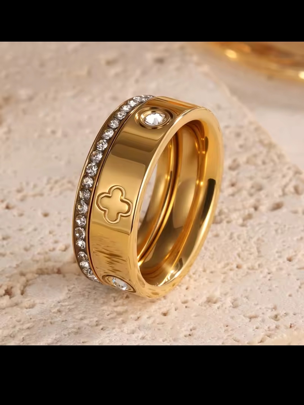 Gold Tone Women's Crystal Accent Clover Band Ring